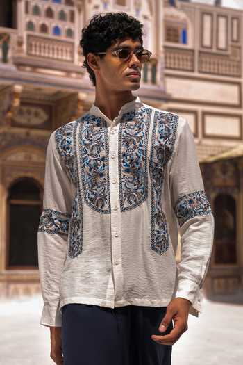 Dash And Dot Multi Color Linen, Viscose, Nylon, Ornamental Embroidered Shirt And Pant Set at Aza Fashions Dash And Dot_Multi Color Linen, Viscose, Nylon, Ornamental Embroidered Shirt And Pant Set _at_Aza_Fashions