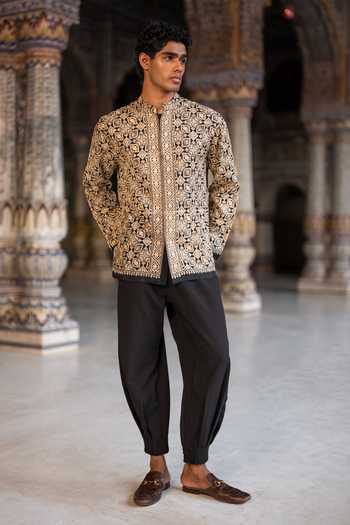 Buy Dash And Dot Black Viscose, Polyester Embroidered Shirt And Box Pleated Pant Set Online at Aza Fashions Buy_Dash And Dot_Black Viscose, Polyester Embroidered Shirt And Box Pleated Pant Set _Online_at_Aza_Fashions