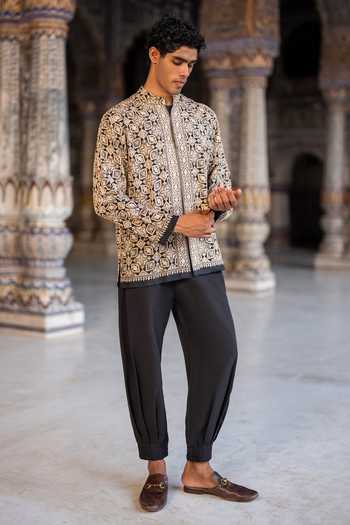 Shop Dash And Dot Black Viscose, Polyester Embroidered Shirt And Box Pleated Pant Set Online at Aza Fashions Shop_Dash And Dot_Black Viscose, Polyester Embroidered Shirt And Box Pleated Pant Set _Online_at_Aza_Fashions