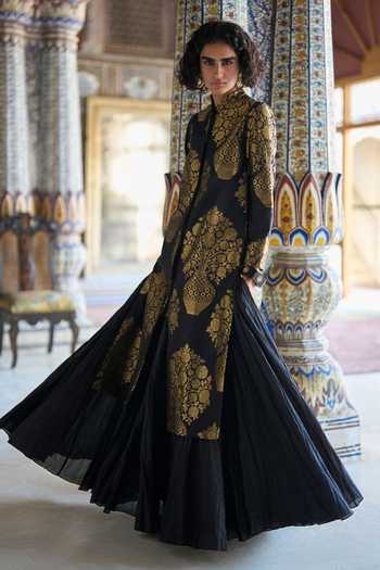 Dash And Dot Black Silk, Polyester Crushed Crinkle Maxi Skirt Online at Aza Fashions Dash And Dot_Black Silk, Polyester Crushed Crinkle Maxi Skirt _Online_at_Aza_Fashions