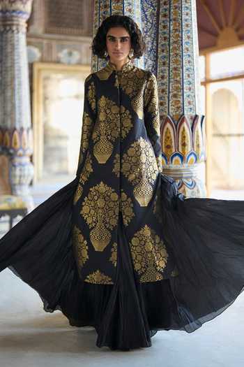 Shop Dash And Dot Black Polyester Band Collar Banarasi Silk Brocade Jacket Online at Aza Fashions Shop_Dash And Dot_Black Polyester Band Collar Banarasi Silk Brocade Jacket _Online_at_Aza_Fashions