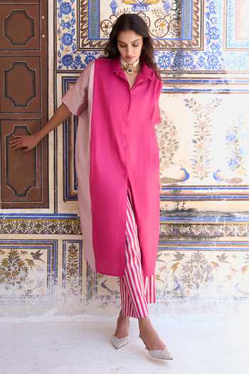 Dash And Dot Silver Lurex, Polyester Collared Neck Colour Blocked Banarasi Shirt Tunic Online at Aza Fashions Dash And Dot_Silver Lurex, Polyester Collared Neck Colour Blocked Banarasi Shirt Tunic _Online_at_Aza_Fashions