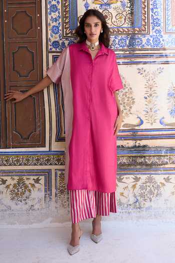 Dash And Dot Silver Lurex, Polyester Collared Neck Colour Blocked Banarasi Shirt Tunic at Aza Fashions Dash And Dot_Silver Lurex, Polyester Collared Neck Colour Blocked Banarasi Shirt Tunic _at_Aza_Fashions