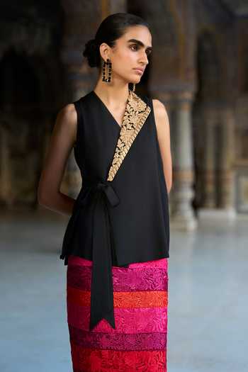 Dash And Dot Black Viscose V-neck Embroidered Side-tie Waistcoat Online at Aza Fashions Dash And Dot_Black Viscose V-neck Embroidered Side-tie Waistcoat _Online_at_Aza_Fashions
