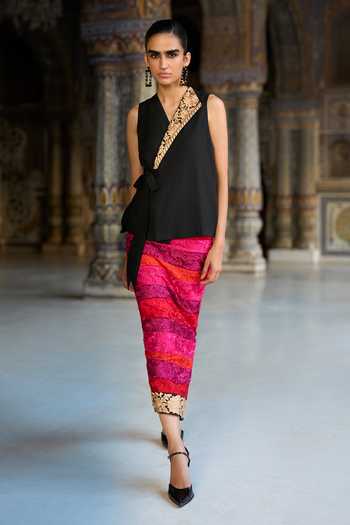 Buy_Dash And Dot_Black Viscose V-neck Embroidered Side-tie Waistcoat _Online_at_Aza_Fashions