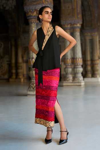 Dash And Dot Black Viscose V-neck Embroidered Side-tie Waistcoat at Aza Fashions Dash And Dot_Black Viscose V-neck Embroidered Side-tie Waistcoat _at_Aza_Fashions