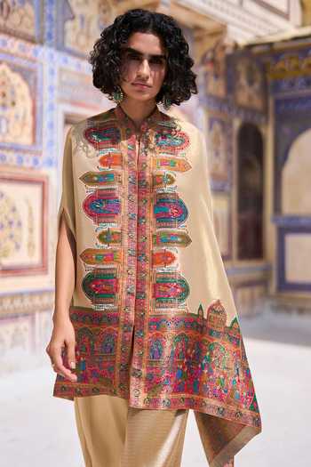 Dash And Dot_Multi Color Viscose, Lurex Banarasi Weave Cape Top _at_Aza_Fashions