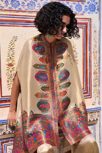Shop_Dash And Dot_Multi Color Viscose, Lurex Banarasi Weave Cape Top 