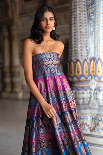 Dash And Dot Multicolor Polyester, Lurex Bandeau Neck Banarasi Brocade Flared Dress Online at Aza Fashions Dash And Dot_Multicolor Polyester, Lurex Bandeau Neck Banarasi Brocade Flared Dress _Online_at_Aza_Fashions