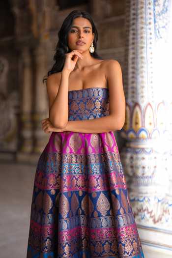 Buy Dash And Dot Multicolor Polyester, Lurex Bandeau Neck Banarasi Brocade Flared Dress Online at Aza Fashions Buy_Dash And Dot_Multicolor Polyester, Lurex Bandeau Neck Banarasi Brocade Flared Dress _Online_at_Aza_Fashions