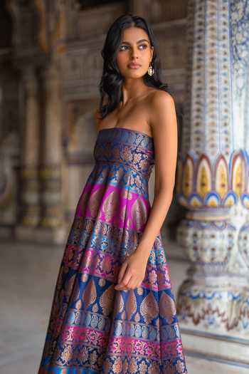 Shop Dash And Dot Multicolor Polyester, Lurex Bandeau Neck Banarasi Brocade Flared Dress Online at Aza Fashions Shop_Dash And Dot_Multicolor Polyester, Lurex Bandeau Neck Banarasi Brocade Flared Dress _Online_at_Aza_Fashions