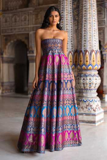 Dash And Dot Multicolor Polyester, Lurex Bandeau Neck Banarasi Brocade Flared Dress at Aza Fashions Dash And Dot_Multicolor Polyester, Lurex Bandeau Neck Banarasi Brocade Flared Dress _at_Aza_Fashions