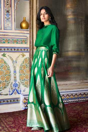 Dash And Dot Emerald Green Viscose Band Collar Embroidered Motif Back Textured Shirt Online at Aza Fashions Dash And Dot_Emerald Green Viscose Band Collar Embroidered Motif Back Textured Shirt _Online_at_Aza_Fashions