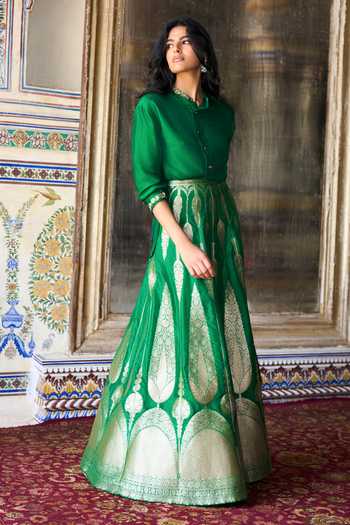 Buy Dash And Dot Emerald Green Viscose Band Collar Embroidered Motif Back Textured Shirt Online at Aza Fashions Buy_Dash And Dot_Emerald Green Viscose Band Collar Embroidered Motif Back Textured Shirt _Online_at_Aza_Fashions