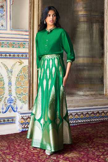 Dash And Dot Emerald Green Viscose Band Collar Embroidered Motif Back Textured Shirt at Aza Fashions Dash And Dot_Emerald Green Viscose Band Collar Embroidered Motif Back Textured Shirt _at_Aza_Fashions