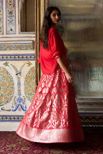 Dash And Dot Red Polyester, Lurex Banarasi Brocade Flared Maxi Skirt Online at Aza Fashions Dash And Dot_Red Polyester, Lurex Banarasi Brocade Flared Maxi Skirt _Online_at_Aza_Fashions