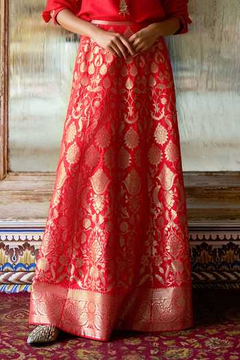Buy Dash And Dot Red Polyester, Lurex Banarasi Brocade Flared Maxi Skirt Buy_Dash And Dot_Red Polyester, Lurex Banarasi Brocade Flared Maxi Skirt