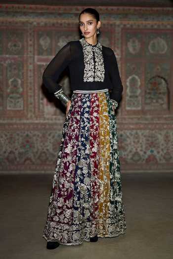 Dash And Dot Metallic Thread Embroidered Flared Lehenga 