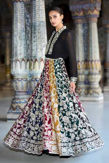 Shop Dash And Dot Multi Color Viscose Metallic Thread Embroidered Flared Lehenga Online at Aza Fashions Shop_Dash And Dot_Multi Color Viscose Metallic Thread Embroidered Flared Lehenga _Online_at_Aza_Fashions