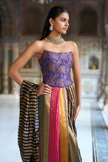 Shop Dash And Dot Purple Viscose Zari Bandeau Neck Banarasi Brocade Corset Online at Aza Fashions Shop_Dash And Dot_Purple Viscose Zari Bandeau Neck Banarasi Brocade Corset _Online_at_Aza_Fashions