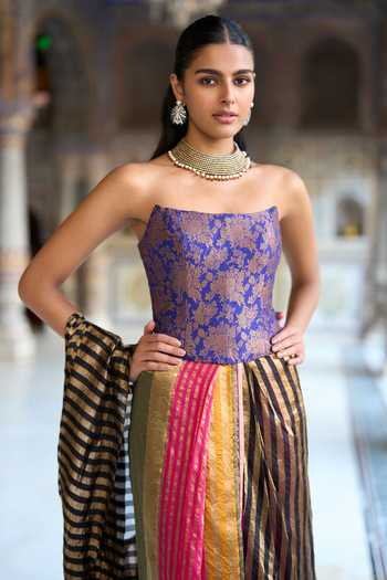 Dash And Dot Purple Viscose Zari Bandeau Neck Banarasi Brocade Corset at Aza Fashions Dash And Dot_Purple Viscose Zari Bandeau Neck Banarasi Brocade Corset _at_Aza_Fashions