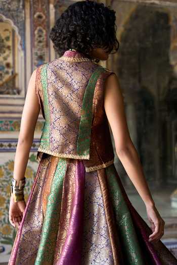 Dash And Dot Multi Color Viscose, Polyester, Lurex Embroidered Banarasi Brocade Waistcoat Online at Aza Fashions Dash And Dot_Multi Color Viscose, Polyester, Lurex Embroidered Banarasi Brocade Waistcoat _Online_at_Aza_Fashions