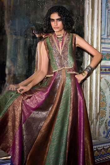 Dash And Dot Multi Color Viscose, Polyester, Lurex Embroidered Banarasi Brocade Waistcoat at Aza Fashions Dash And Dot_Multi Color Viscose, Polyester, Lurex Embroidered Banarasi Brocade Waistcoat _at_Aza_Fashions