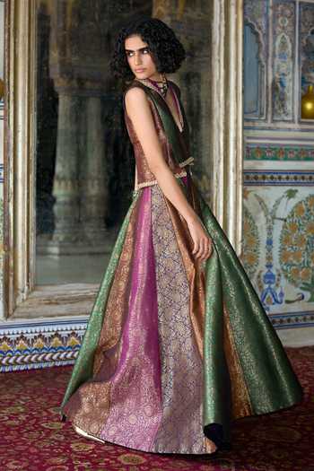 Dash And Dot_Multi Color Viscose, Polyester, Lurex Banarasi Brocade Flared Skirt _Online_at_Aza_Fashions