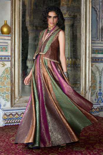 Buy_Dash And Dot_Multi Color Viscose, Polyester, Lurex Banarasi Brocade Flared Skirt _Online_at_Aza_Fashions
