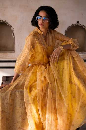 Buy Dash And Dot Yellow Polyester Mandarin Collar Printed Organza Pleated Shirt Online at Aza Fashions Buy_Dash And Dot_Yellow Polyester Mandarin Collar Printed Organza Pleated Shirt _Online_at_Aza_Fashions