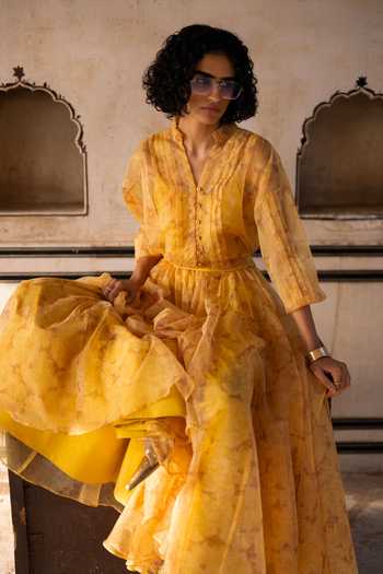 Shop Dash And Dot Yellow Polyester Mandarin Collar Printed Organza Pleated Shirt Online at Aza Fashions Shop_Dash And Dot_Yellow Polyester Mandarin Collar Printed Organza Pleated Shirt _Online_at_Aza_Fashions
