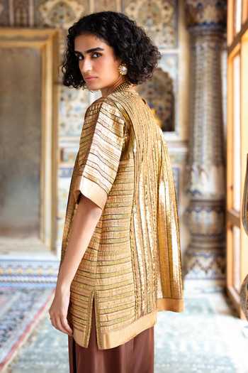 Dash And Dot Gold Nylon Round Neck Striped Gota Embroidered Boxy Top Online at Aza Fashions Dash And Dot_Gold Nylon Round Neck Striped Gota Embroidered Boxy Top _Online_at_Aza_Fashions