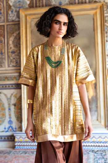 Dash And Dot Striped Gota Embroidered Boxy Top 