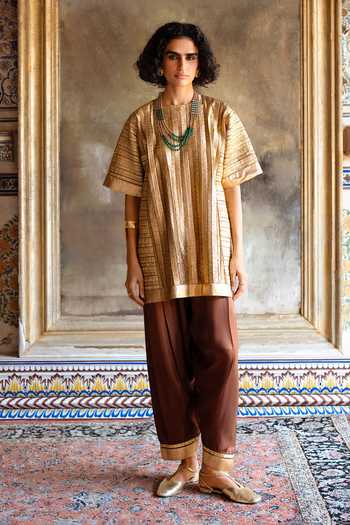 Buy Dash And Dot Gold Nylon Round Neck Striped Gota Embroidered Boxy Top Online at Aza Fashions Buy_Dash And Dot_Gold Nylon Round Neck Striped Gota Embroidered Boxy Top _Online_at_Aza_Fashions