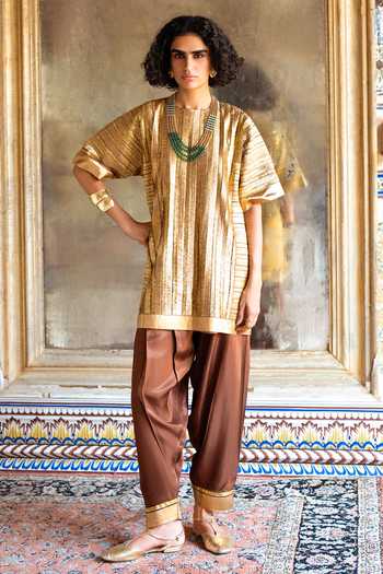 Shop Dash And Dot Gold Nylon Round Neck Striped Gota Embroidered Boxy Top Online at Aza Fashions Shop_Dash And Dot_Gold Nylon Round Neck Striped Gota Embroidered Boxy Top _Online_at_Aza_Fashions