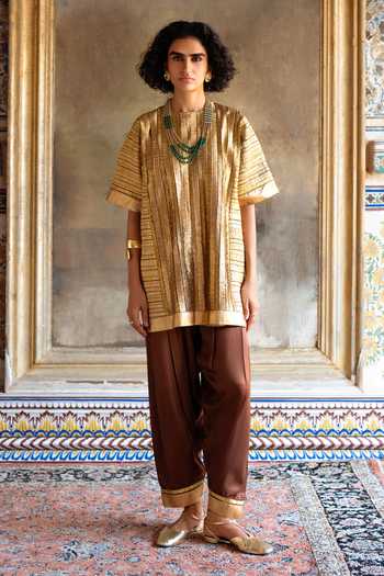 Dash And Dot Gold Nylon Round Neck Striped Gota Embroidered Boxy Top at Aza Fashions Dash And Dot_Gold Nylon Round Neck Striped Gota Embroidered Boxy Top _at_Aza_Fashions