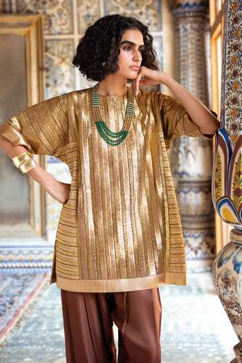 Buy Dash And Dot Gold Nylon Round Neck Striped Gota Embroidered Boxy Top Buy_Dash And Dot_Gold Nylon Round Neck Striped Gota Embroidered Boxy Top