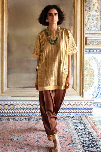 Shop Dash And Dot Gold Nylon Round Neck Striped Gota Embroidered Boxy Top Shop_Dash And Dot_Gold Nylon Round Neck Striped Gota Embroidered Boxy Top