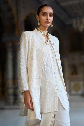 Dash And Dot Ivory Viscose Band Collar Tonal Embroidered Jacket Online at Aza Fashions Dash And Dot_Ivory Viscose Band Collar Tonal Embroidered Jacket _Online_at_Aza_Fashions