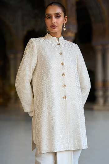 Shop Dash And Dot Ivory Viscose Band Collar Tonal Embroidered Jacket Online at Aza Fashions Shop_Dash And Dot_Ivory Viscose Band Collar Tonal Embroidered Jacket _Online_at_Aza_Fashions