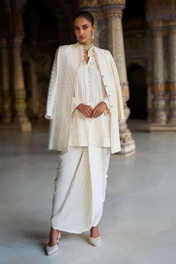 Dash And Dot Ivory Viscose Band Collar Tonal Embroidered Jacket at Aza Fashions Dash And Dot_Ivory Viscose Band Collar Tonal Embroidered Jacket _at_Aza_Fashions