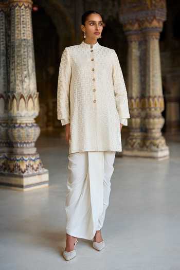 Buy Dash And Dot Ivory Viscose Band Collar Tonal Embroidered Jacket Buy_Dash And Dot_Ivory Viscose Band Collar Tonal Embroidered Jacket