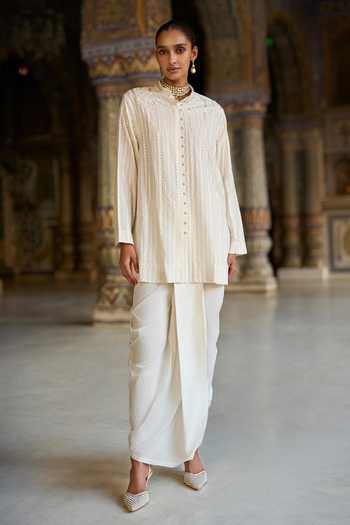 Buy Dash And Dot Ivory Viscose, Nylon Mandarin Collar Embroidered Longline Shirt Online at Aza Fashions Buy_Dash And Dot_Ivory Viscose, Nylon Mandarin Collar Embroidered Longline Shirt _Online_at_Aza_Fashions