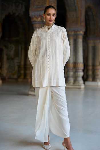 Shop Dash And Dot Ivory Viscose, Nylon Mandarin Collar Embroidered Longline Shirt Online at Aza Fashions Shop_Dash And Dot_Ivory Viscose, Nylon Mandarin Collar Embroidered Longline Shirt _Online_at_Aza_Fashions