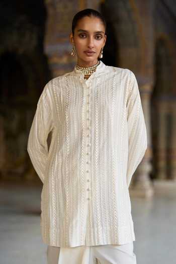 Dash And Dot Ivory Viscose, Nylon Mandarin Collar Embroidered Longline Shirt at Aza Fashions Dash And Dot_Ivory Viscose, Nylon Mandarin Collar Embroidered Longline Shirt _at_Aza_Fashions