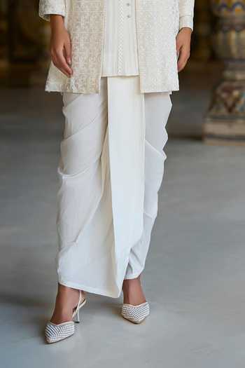 Dash And Dot White Viscose, Nylon Cowl Draped Dhoti Pant Online at Aza Fashions Dash And Dot_White Viscose, Nylon Cowl Draped Dhoti Pant _Online_at_Aza_Fashions