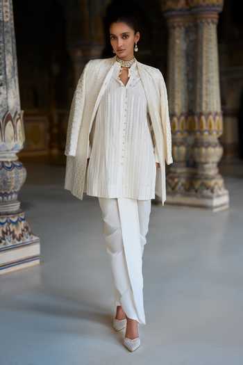 Shop Dash And Dot White Viscose, Nylon Cowl Draped Dhoti Pant Online at Aza Fashions Shop_Dash And Dot_White Viscose, Nylon Cowl Draped Dhoti Pant _Online_at_Aza_Fashions