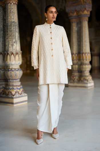 Buy Dash And Dot White Viscose, Nylon Cowl Draped Dhoti Pant Buy_Dash And Dot_White Viscose, Nylon Cowl Draped Dhoti Pant