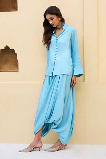 Buy Dash And Dot Blue Viscose Textured Draped Cowl Pant Online at Aza Fashions Buy_Dash And Dot_Blue Viscose Textured Draped Cowl Pant _Online_at_Aza_Fashions
