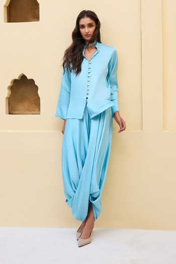 Shop Dash And Dot Blue Viscose Textured Draped Cowl Pant Online at Aza Fashions Shop_Dash And Dot_Blue Viscose Textured Draped Cowl Pant _Online_at_Aza_Fashions